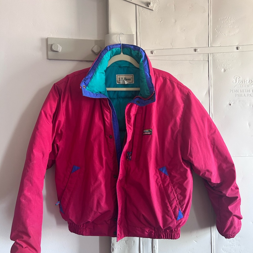 Vintage 80-90s L.L. Bean Red Puffer Jacket with Blue and Teal Accents